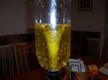Tornado in a bottle. You will only get this dramatic funnel by using a tornado tube (or duck tape securely placed between two 2L bottles). However, you can still create a nice tornado just by swirling around the water in a regular bottle.