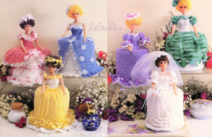 Buy a vintage crochet pattern and design your own toilet doll with your choice of colours and accessories.