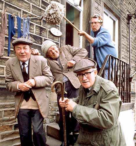 Compo & Co - Norah Batty conducting her usual 'sorting out' with her trusty mop . Left-right: Peter Sallis, Bill Owen, Brian Wilde, Kathy Staff at rear. Peter Sallis more recently did the voice of Wallis, the cheese-loving owner of clever Gromit