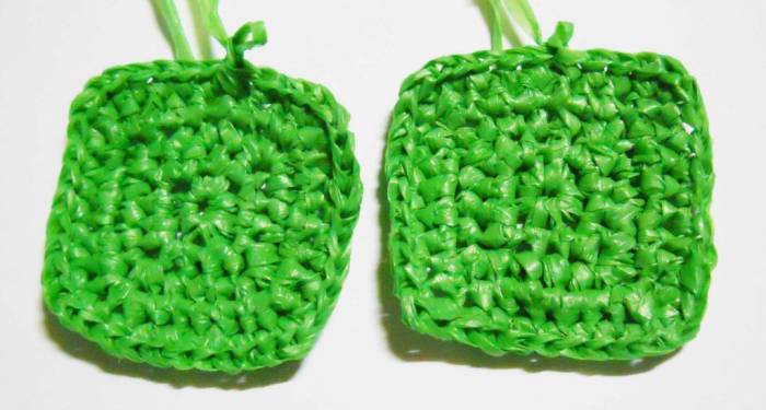 Left: Basic Square (Rounded); Right: Sharp Square; Both are crocheted with plarn (yarn from plastic bags)