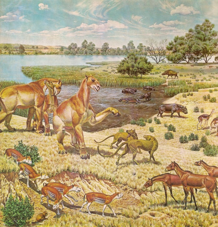 Restoration of Miocene fauna of North America, on a mural made for the US government-owned Smithsonian Museum.