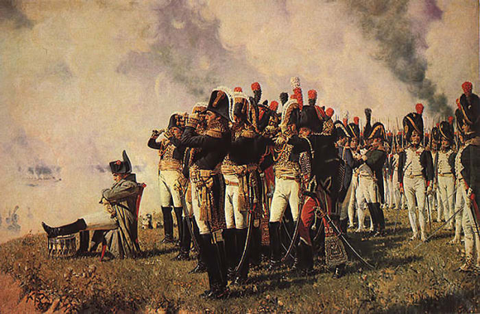 Napoleon, looking typically moody slumped in a chair assessing the battlefield at Borodino with his staff.