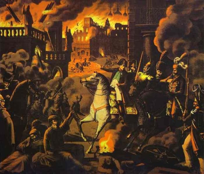 The Grande Armee set fire to Moscow's wooden buildings, as a result of a complete collapse in morale and discipline. Looting was widespread and an estimated four fifths of the city was destroyed by the fires.