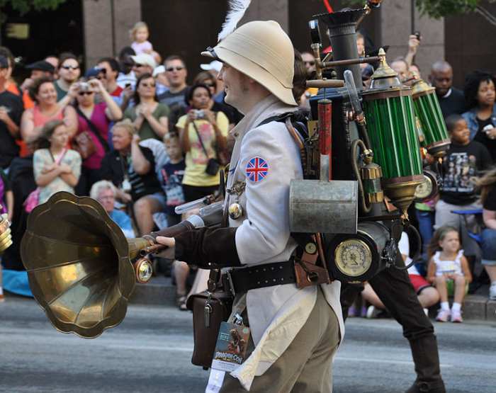 This is one of many steampunk themed participants at the Dragon Con 2010. Be sure to note the "Victrola Blunderbus" and the Ghostbuster's like equipment pack.