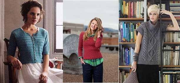 (L to R) Debbie Bliss from Rialto pattern book, Agnes Pullover by Ruth Garcia-Alcatud from Knitscene Fall 2012 magazine, Cap Sleeve Tunic by Mari Lynn Patrick from Vogue Knitting Winter 2011/2012