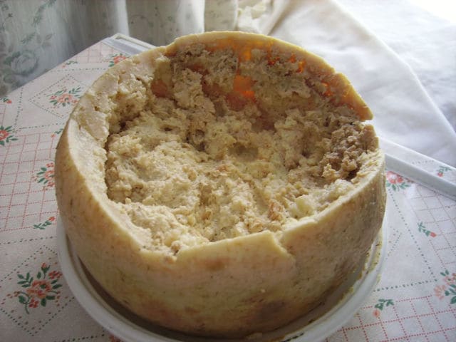 Casu Marzu, Sardinia -This is a type of cheese that few people would try, as it is stuffed with insect larva. Often referred to as “maggot cheese”. It is consumed while the living beings inside it are still alive, otherwise it is said to be toxic.
