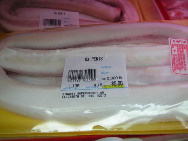 Ox Penis -Cooked by steaming, deep frying or simply consumed raw, the ox penis is commonly eaten by humans in the Oriental countries. In the Western countries, ox penises are usually dried out and served as dog food.