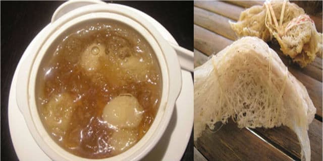 Birds Nest Soup, China -The saliva of the birds give this soup its unicity. It is one of the most expensive products consumed by humans, because of the difficulty in getting it.