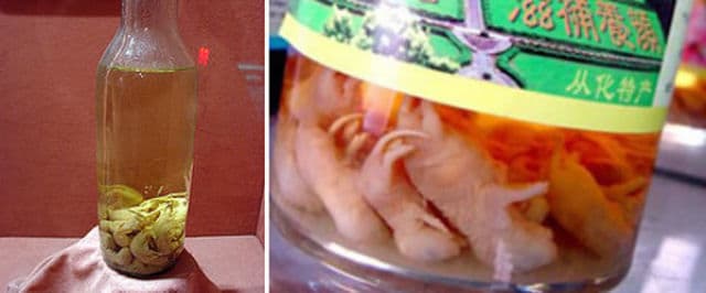 Baby Mice Wine -Traditional in China and Korea, baby mice wine is considered to be a “health tonic”. The confessed taste: raw gasoline. While still alive, newborn mice are thrown into bottles full of rice wine and left there to ferment
