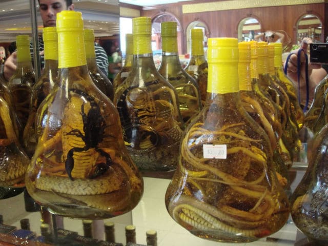 Snake and Scorpion Wine -This unusual type of liquor can be found in Asia mostly and it is made out of a dipping Cobra or scorpion into a rice wine bottle. After a few months of fermentation, the venom is dissolved and the drink is good to serve!