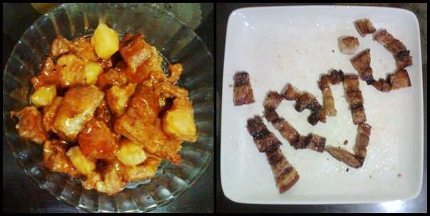 We were experimenting with pork and finally decided to make some sweet and sour pork (left), as well as some turbo-grilled pork liempo (right).