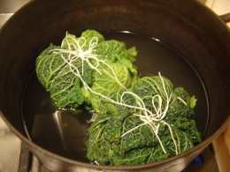 This stuffed cabbage recipe is made with stale bread but you could also use the stuffed grape leaf filling and make stuffed cabbage rolls