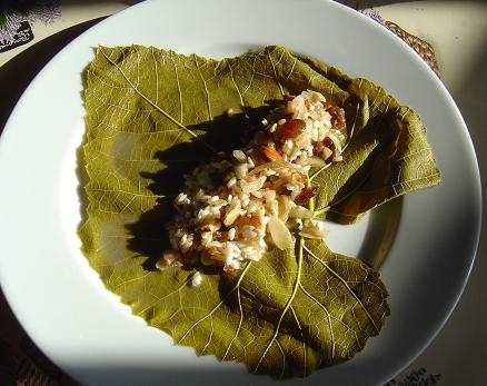 Put about this amount of the rice mixture onto the vine leaf and then fold the leaf quite tightly into a roll