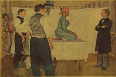 J. Marion Sims with Anarcha, Betsey, Lucy and two physicians. ( Artist rendering by Robert Thom, historical illustrator.)