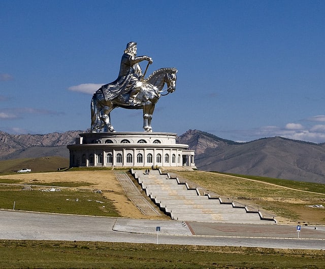 Just over thirty miles east of the Mongolian capital of Ulan Bator the old Emperor, Genghis Khan, rides again.