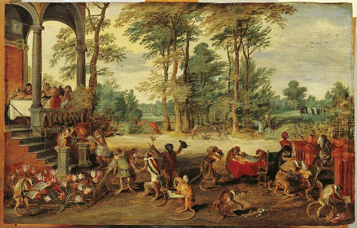 A Satire of Tulip Mania by Flemish painter Brueghel the Younger (ca. 1640), depicting the social hysteria at the time as if the market was run by brainless monkeys.