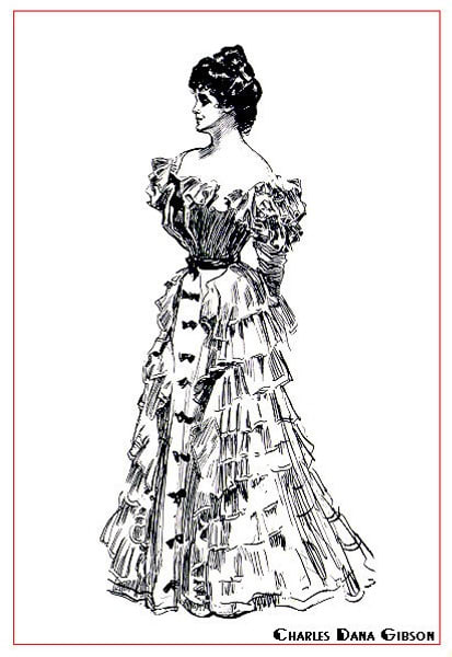 Gibson girls were they style for Edwardian times. Hair should be affixed atop the head and made very full. Ruffles and a corset were de rigeur.