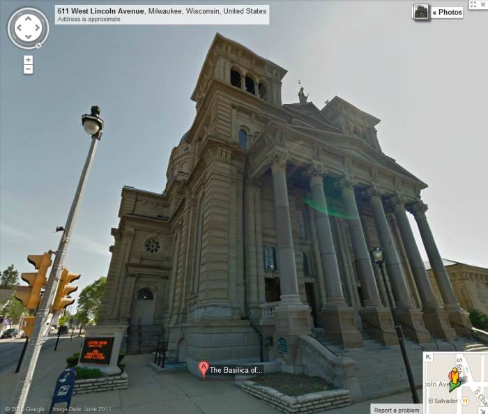 The street view of St. Josaphat Basilica in Milwaukee gives you a great taste of the stunning exterior architecture.