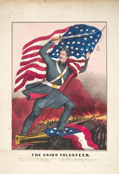 Postcard: The Union Volunteer. The caption on the bottom reads: "O'er Sumter's walls OUR FLAG again we'll wave, And give to traitors all a bloody grave, OUR UNION and OUR LAWS maintain we must, And treason's banner trample in the dust."