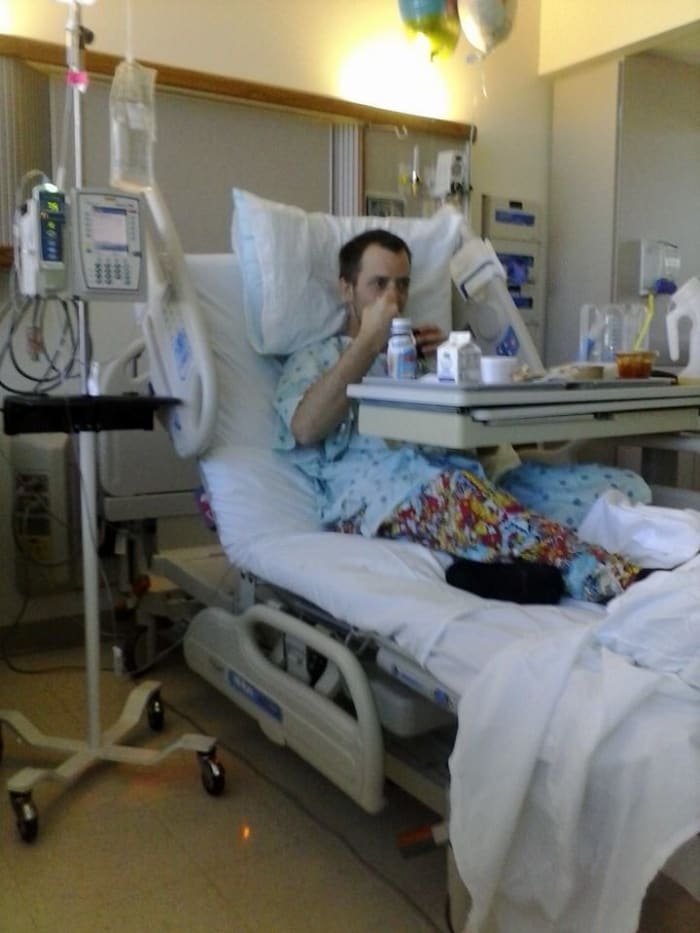 My husband a couple days after his operation. At least for a few nights we knew where we were sleeping!