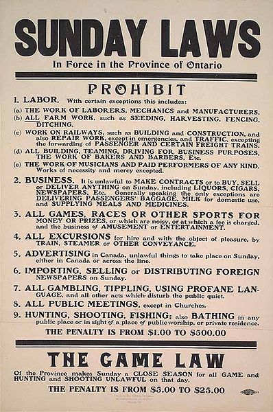 Ontario, Canada Blue Laws from 1911