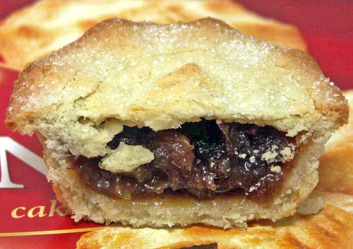 A mince pie is a pastry filled with dried fruit. Oliver Cromwell did not think these pastries were Puritan enough to be eaten on Christmas Day. They were banned during his reign.