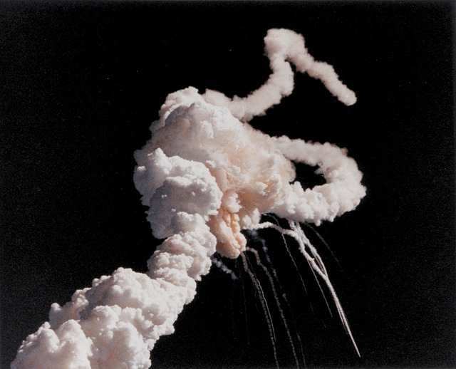 The explosion of the Challenger occurred at take off, right before our eyes.