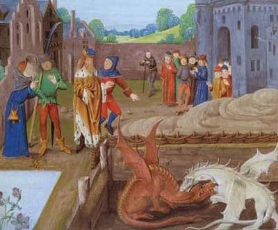 Merlin, explains that an underground fight between red and white dragons is causing Vortigern's fortress to collapse