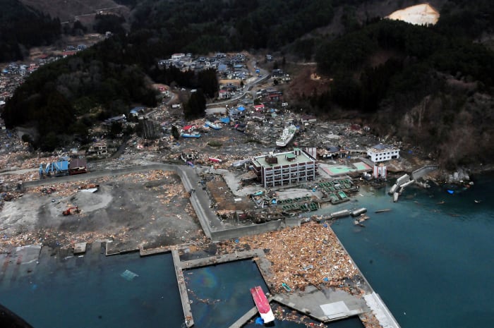 Otsuchi, Iwate, Japan (March 15, 2011) An aerial view of damage to Otsuchi, Iwate, Japan after a 9.0 magnitude earthquake and subsequent tsunami devastated the area in northern Japan.