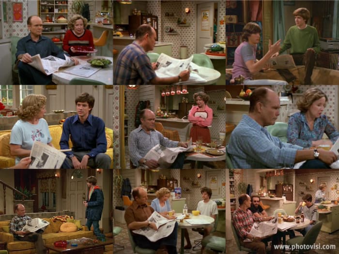 Poor Kurtwood Smith has been forced to read the same paper over 8 years in "That '70s Show". Collage made in photovisi editor.