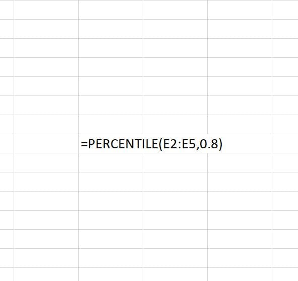 This illustration shows the PERCENTILE function being used in Excel to find the 80th percentile of the cell range E2:E5. By default, the 80th percentile would be inclusive in the results.
