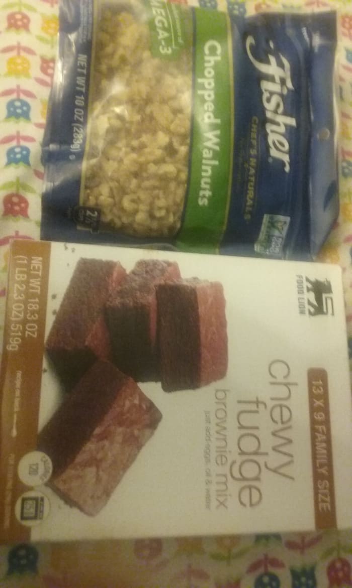 Food Lion brand chewy fudge brownie mix pairs well with walnuts. I like to use Fisher brand chopped walnuts when baking these brownies. At times, I'm able to purchase the Fisher brand chopped walnuts with a $1 off manufacturer's coupon.