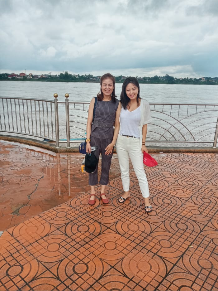 The author's wife (left) and a friend enjoying a walk on the Nong Khai Mekhong Riverside Promenade.