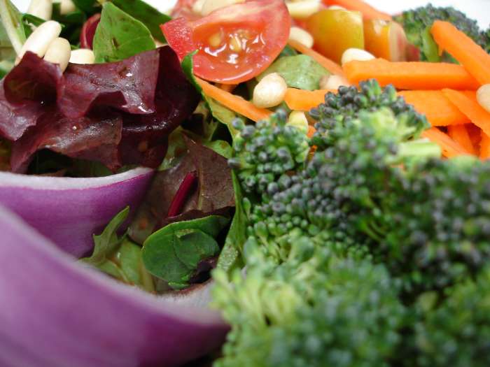 Broccoli, carrots, onion, and greens grace the cold-weather garden salad. If you like, add a small red onion to the shopping list. It adds lovely color and zest.