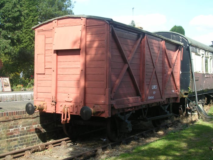 Ex-LMS Cadbury 'ventilated' van of an earlier vintage with timber plank body, sliding doors (to avoid accidents) and 'X' frame sides
