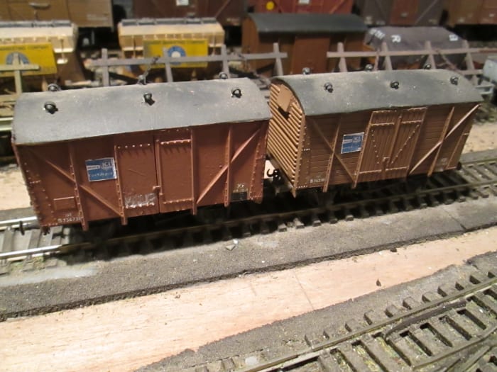 A pair of early British Railways' vans, on the left a plywood-sided version of the planked one on the right (both Parkside kits with bought-in detailing)
