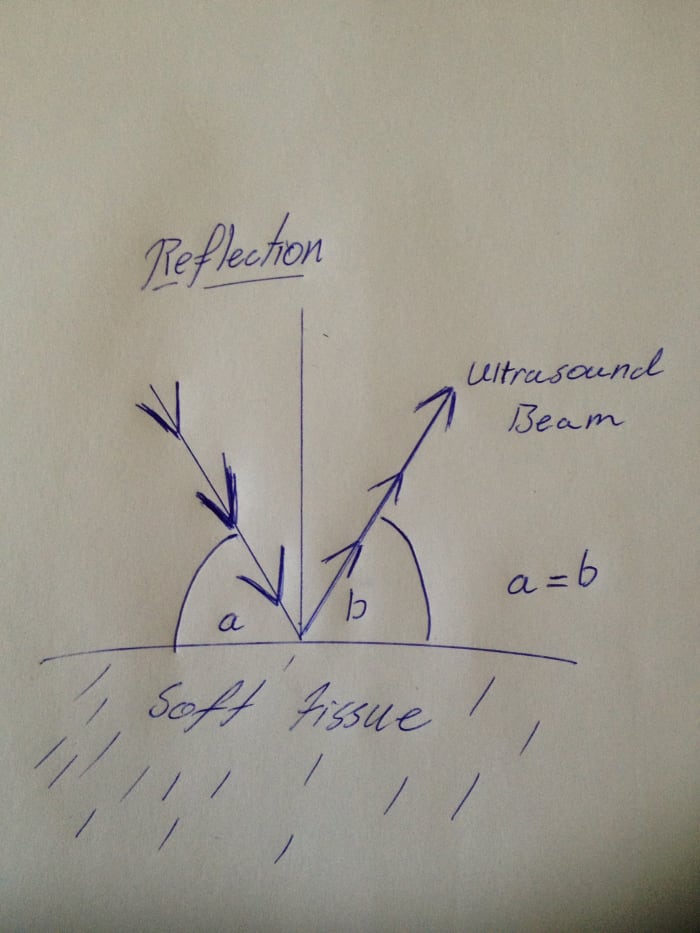 Reflection is where a soundwave bounces off an acoustic boundary at an angle equal to it's approach, only mirrored around a perpendicular axis.