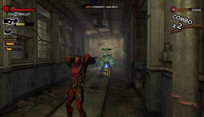 Deadpool runs up and down the corridor and uses the backflip pulse rifle shooting technique on the green marauder type monster.