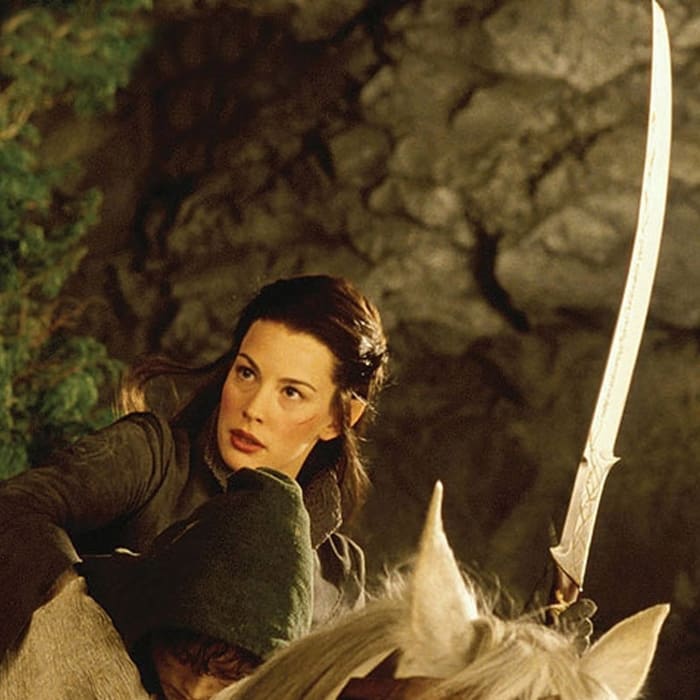 From New Line Cinema and Weta Works. The arguably preferred image of Arwen: strong, armed, confidant, and determined in the face of the enemy.