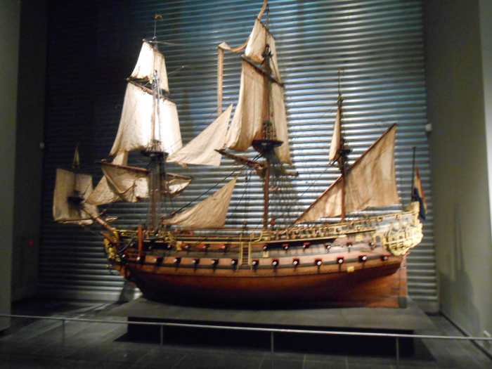 Model of a ship at the Rijk's museum. The model is approximately 12 feet tall and 16 feet long.
