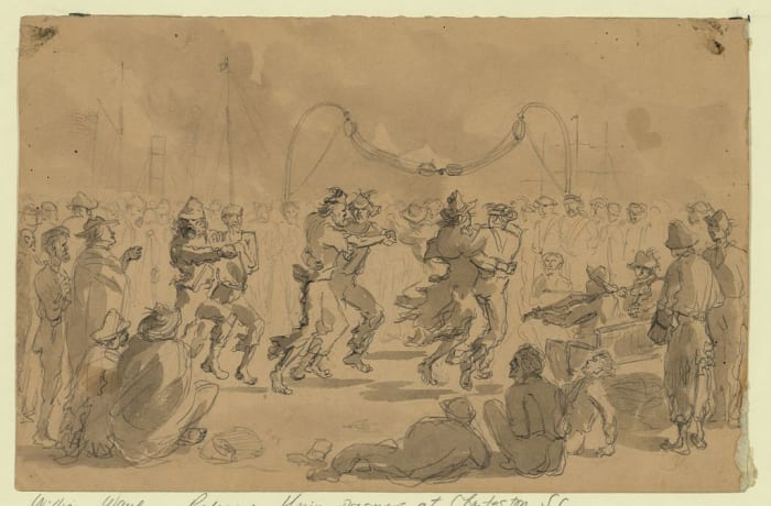 With their ragged uniforms some paroled prisoners celebrated their release with a dance on the deck. Weaker prisoners watch.