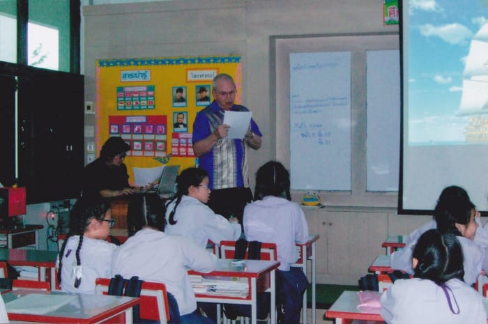 The author in a fourth grade classroom at Saint Joseph Bangna School in Thailand. Picture taken n 2013.