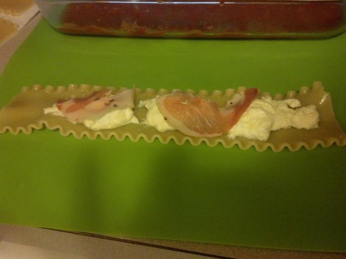 Spread the filling down the middle of the noodles, and add a little extra pancetta if your heart desires.