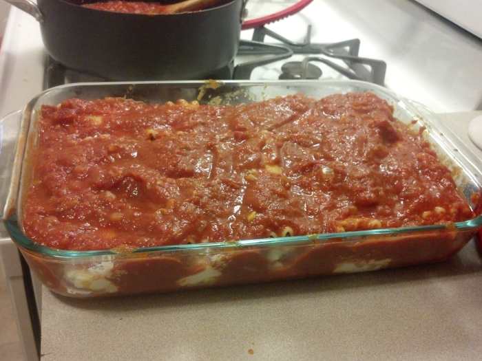 Make sure to cover the lasagna evenly with sauce, and to get it in between the rolls and rows.