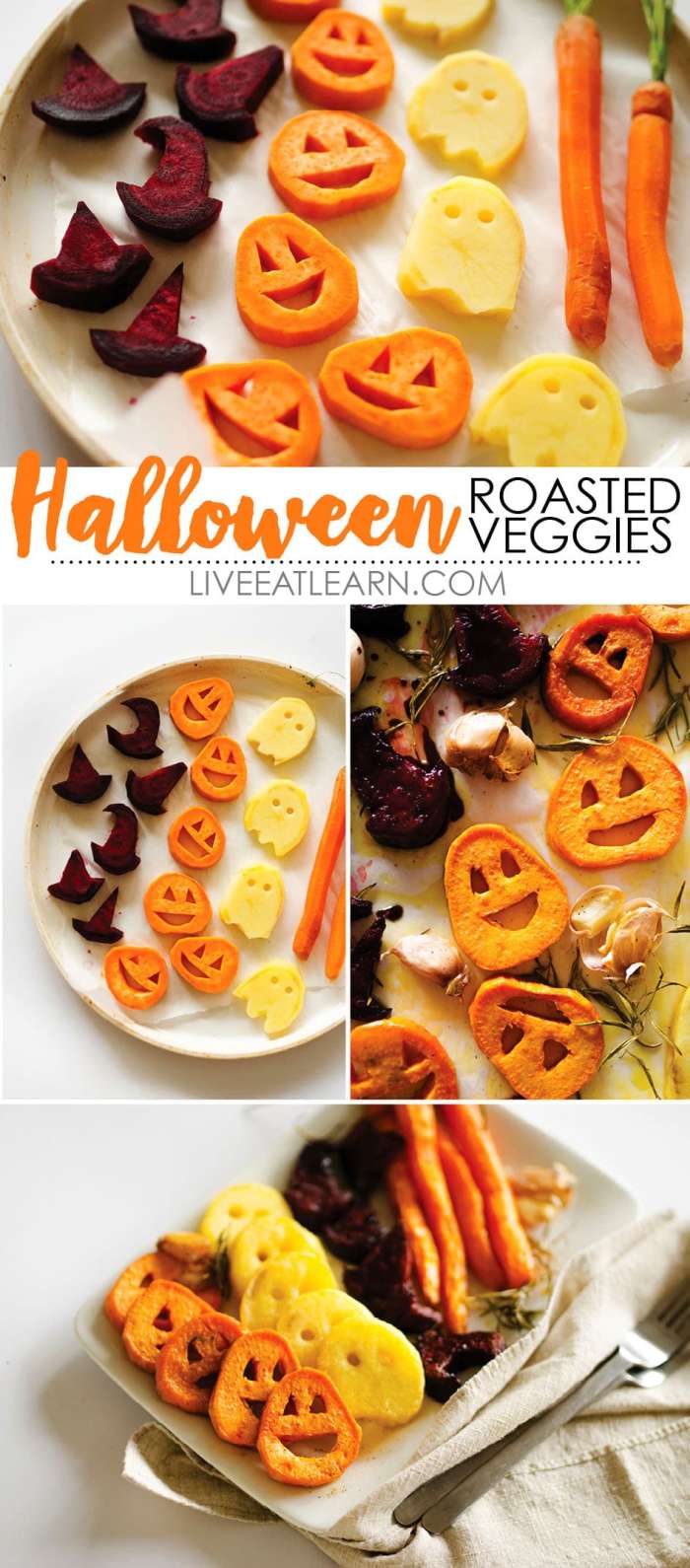 Cut your fall veggies with a Halloween cookie cutter and roast them. These veggies are the perfect compliment to your Mummy Meat Loaf!