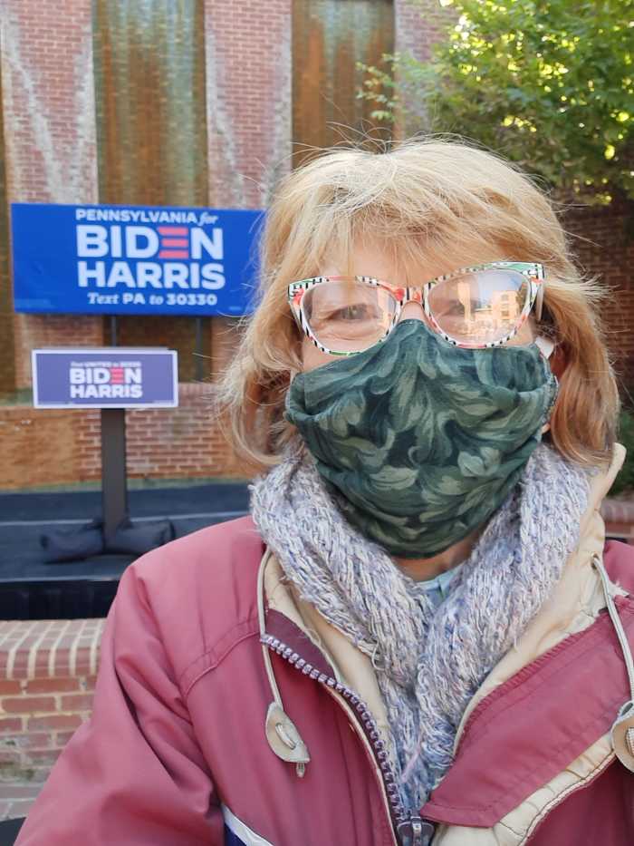 The author standing in the front row at a Biden event featuring Doug Emhoff, husband of Vice Presidential candidate Kamala Harris.