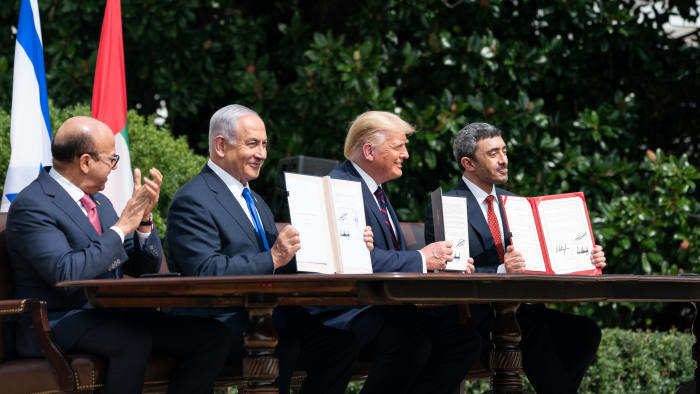 President Trump at the signing ceremony of the Abraham Accords, a peace agreement between Israel and the UAE, on September 15th