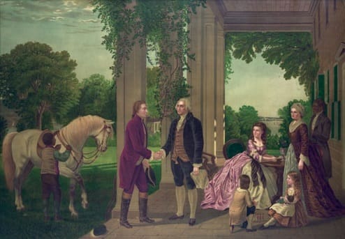 George Washington welcoming Marquis de Lafayette to Mount Vernon; Martha Washington, children, and servants are on the right