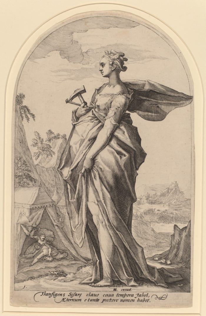 Jael is shown in the foreground, holding the hammer and tent peg. In the background, we see her in her tent, killing Sisera.