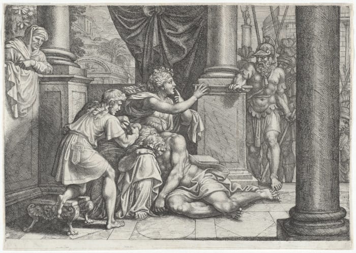 Delilah, with Samson asleep on her lap and a barber cutting his hair, gestures to the Philistine rulers to be quiet as they come to capture him.
